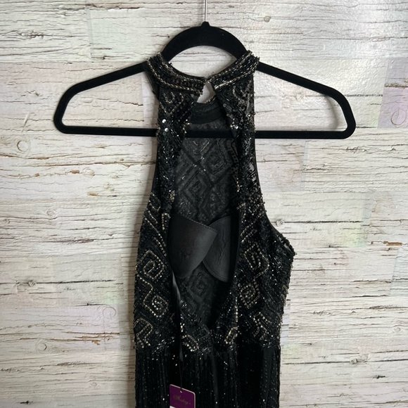 Fully beaded Evening gown black fringe NWT bridal size 12 - Picture 6 of 10